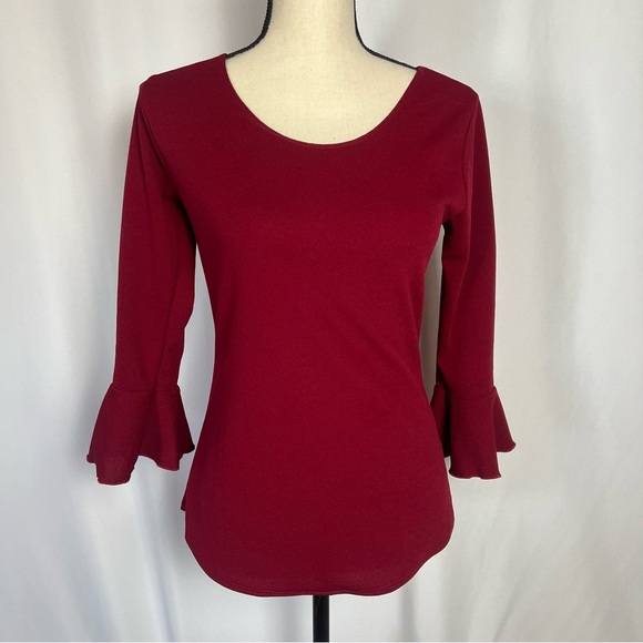 Fuego too Tops - Elegant Red Fitted Bell Sleeve Blouse